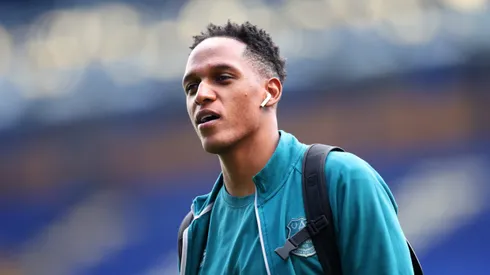 Yerry Mina of Everton arrives at the stadium prior to the Premier League match between Everton FC and Fulham FC at Goodison Park on April 15, 2023 in Liverpool, England.