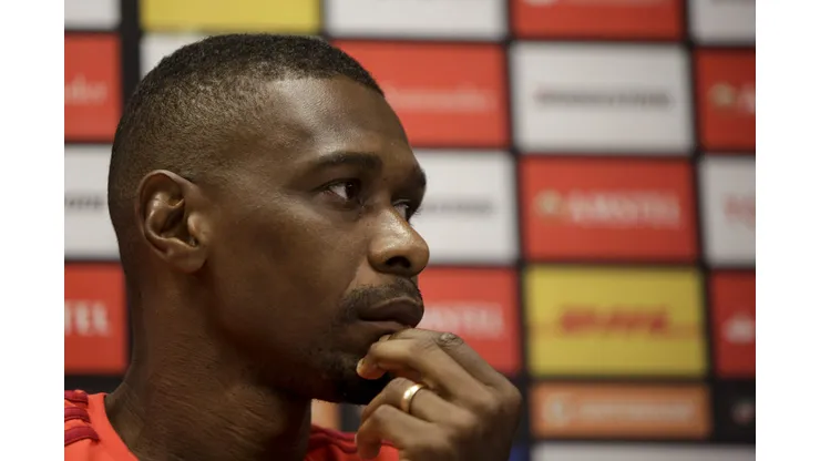 Juan durante coletiva no Flamengo em 2018.