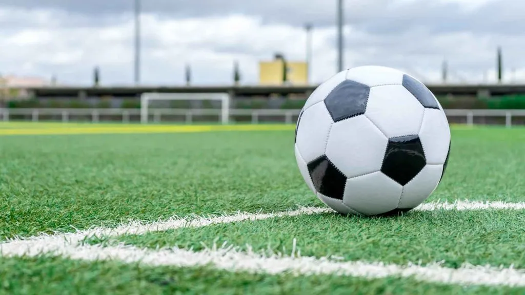 A imagem mostra uma bola de futebol no meio de um campo de futebol.