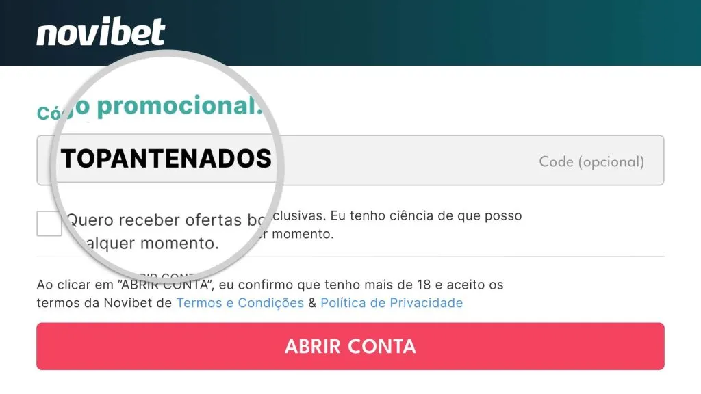 Captura de tela mostrando onde colocar o código promocional da Novibet.