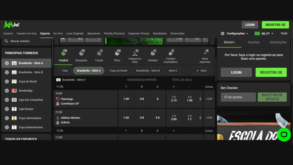 Captura de tela mostrando os esportes oferecidos no site da Luva bet Brasil. 