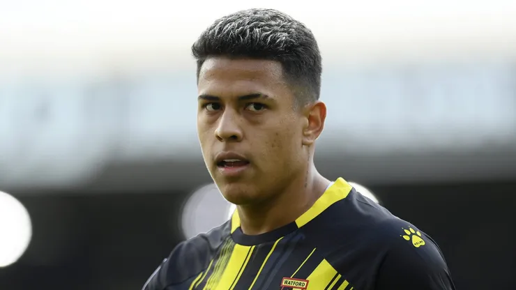 Matheus Martins of Watford during the Sky Bet Championship match between Leeds United and Watford at Elland Road on September 23, 2023 in Leeds, England.