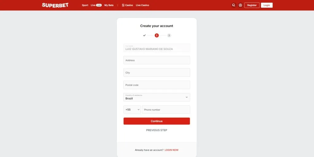 A imagem mostra uma captura de tela do formulário de registro da Superbet.