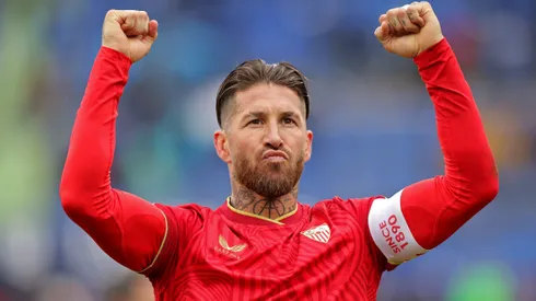 Sergio Ramos of Sevilla FC celebrates following the team's victory during the LaLiga EA Sports match between Getafe CF and Sevilla FC at Coliseum Alfonso Perez on March 30, 2024 in Getafe, Spain.