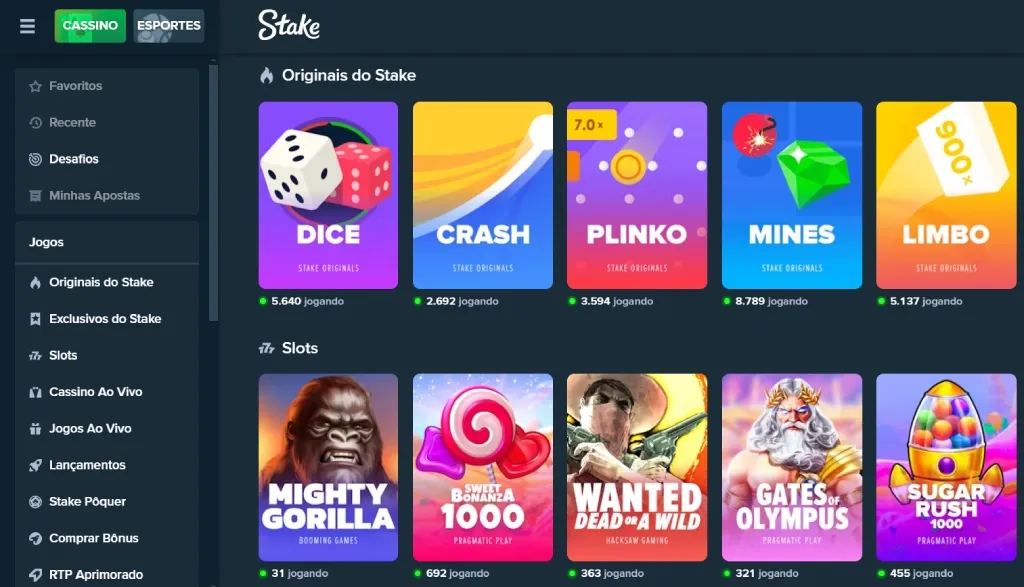 A imagem é uma captura de tela do site da Stake Brasil mostrando como funciona o cassino na página.