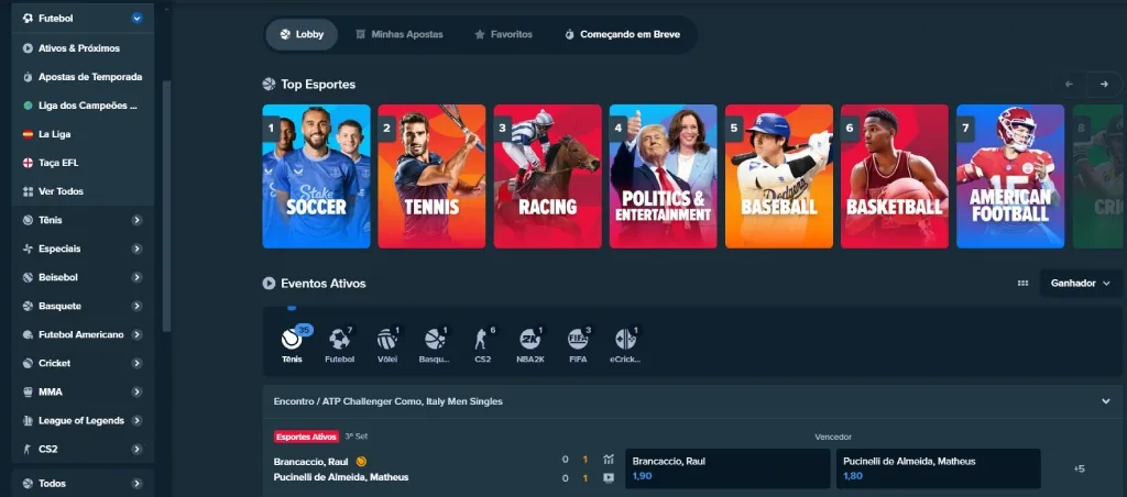 A imagem é uma captura de tela do site da Stake Brasil, mostrando a variedade de mercados disponíveis para apostas.