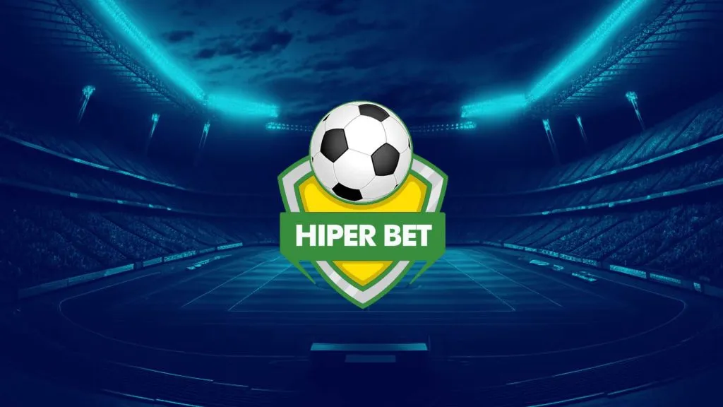 A imagem é um banner para a Hiperbet. Tem o logo da Hiperbet no meio. A imagem de fundo tem um filtro azul e mostra um estádio de futebol cheio de pessoas. 