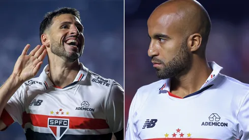 Calleri e Lucas, jogadores do São Paulo. Fotos: Marcello Zambrana/AGIF