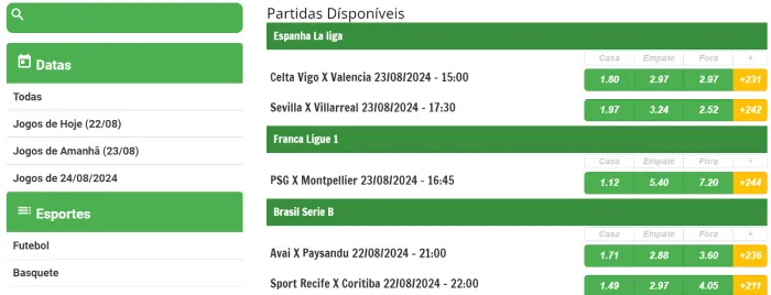 Captura de tela do site da Hiperbet mostrando a aba com os partidos de futebol disponíveis para apostar. 