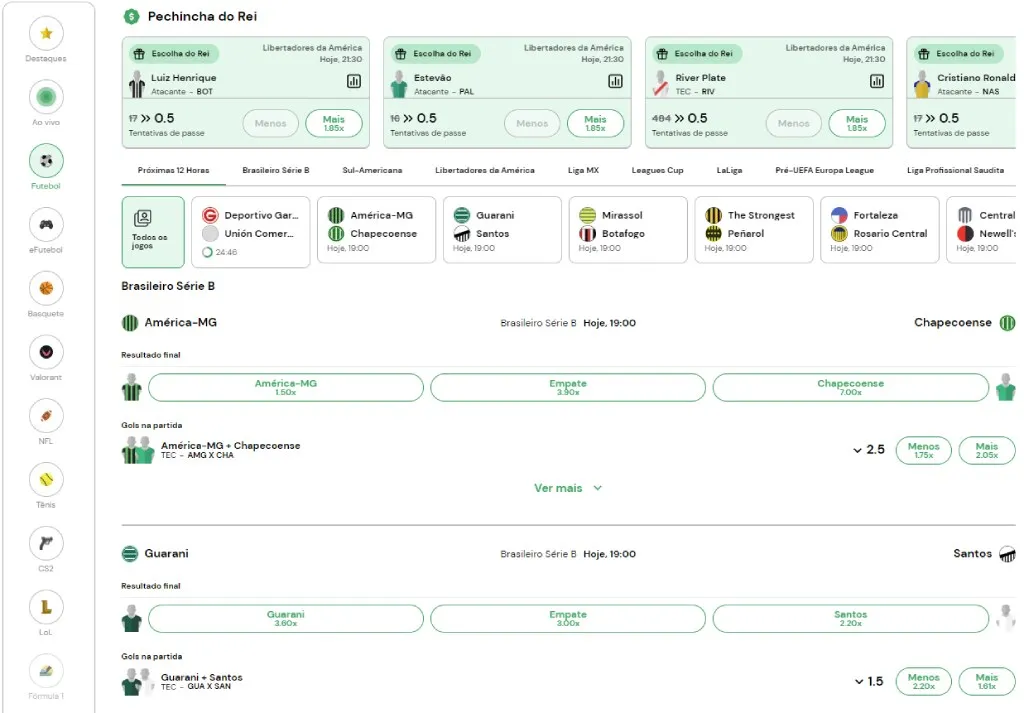 Captura de tela do site da Rei do Pitaco na aba de apostas de futebol.