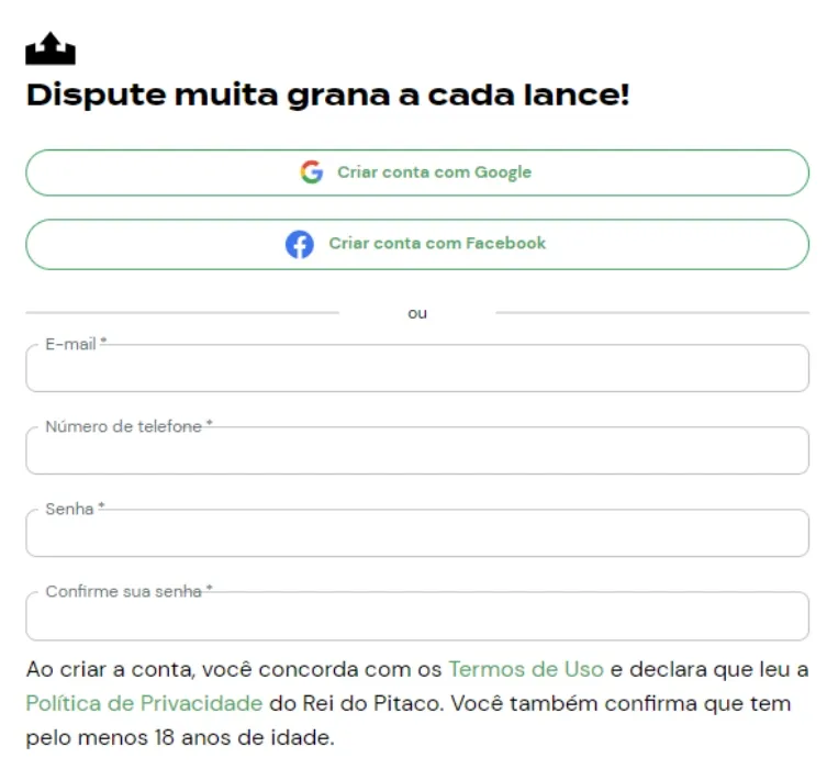 Captura de tela do formulario de cadastro no site da Rei do Pitaco. 