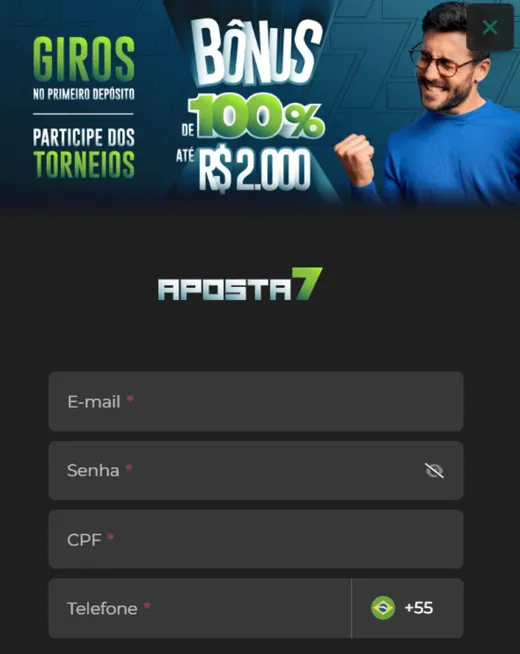 Captura de tela do formulário de cadastro para Aposta7.