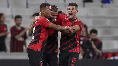 CURITIBA, BRAZIL – MARCH 14: Marco Ruben (C) of Athletico PR celebrates with his teammates after scoring the opening goal during a match between Athletico PR and Jorge Wilstermann, as part of Copa CONMEBOL Libertadores 2019 at Arena da Baixada on March 14, 2019 in Curitiba, Brazil. (Photo by Buda Mendes/Getty Images)