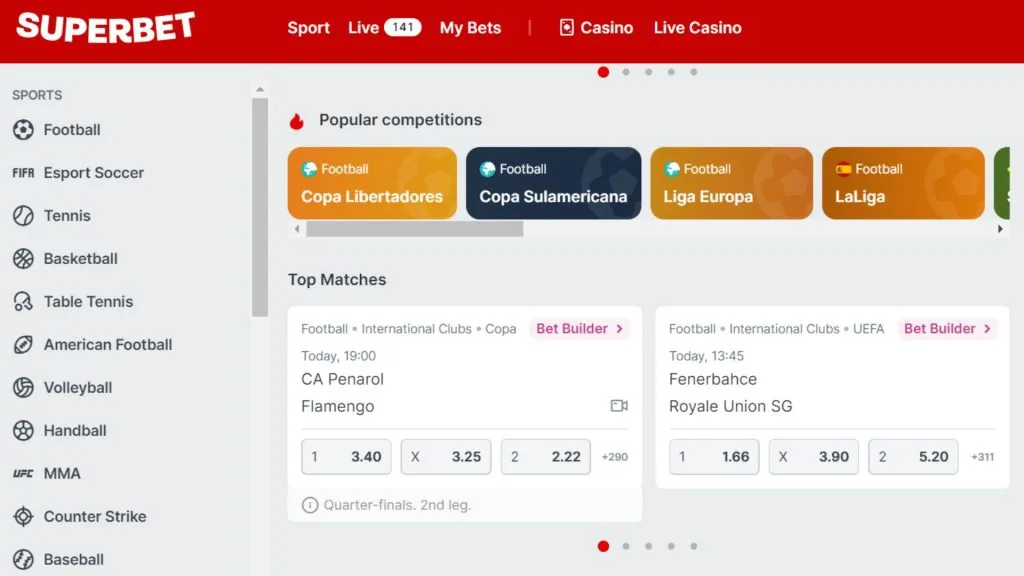 A imagem é uma captura de tela do site da Superbet Brasil e mostra como ela tem acesso às apostas nos principais campeonatos de futebol.