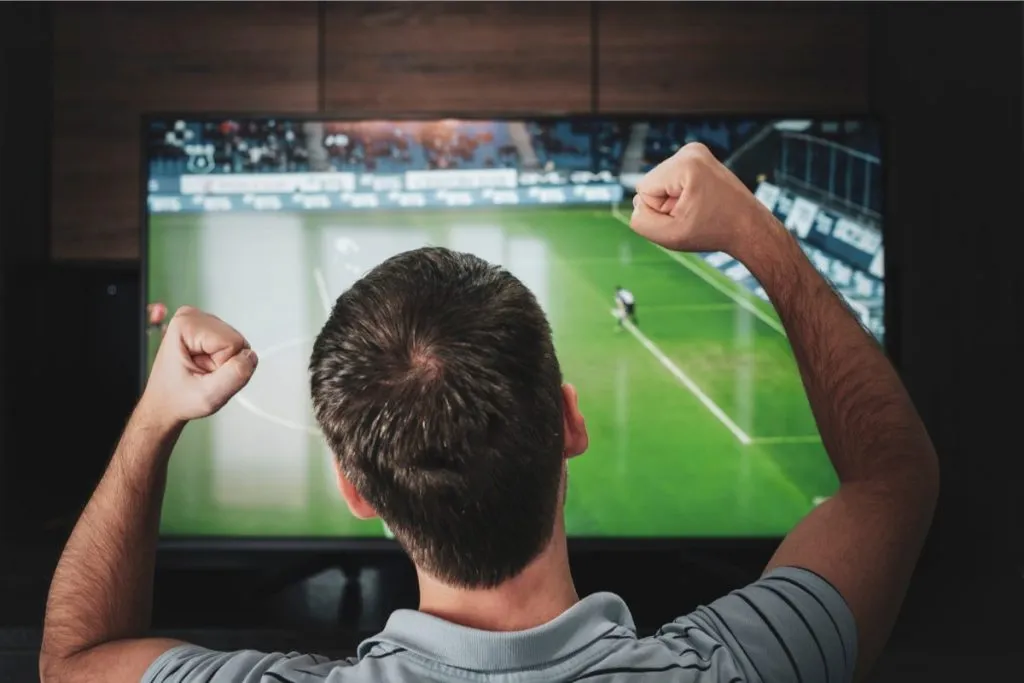 A imagem mostra um homem em frente à TV torcendo por um time em uma partida de futebol.