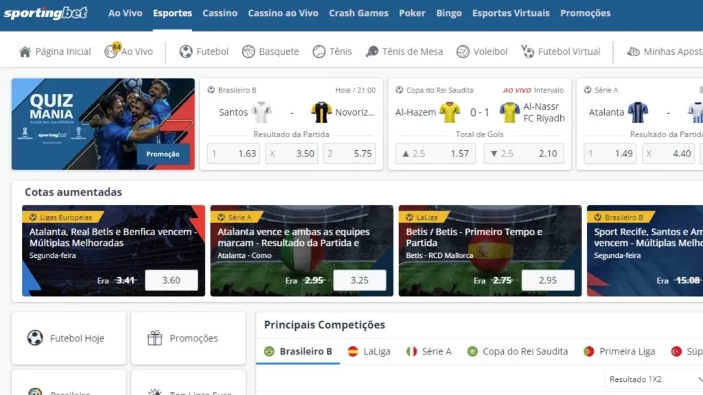 Captura de tela da aba de esportes da Sportingbet Apostas, mostrando como tem disponíveis os principais campeonatos do mundo.