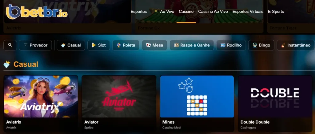 Captura de tela mostrando os diferentes jogos de cassino que a página da BetBR oferece.