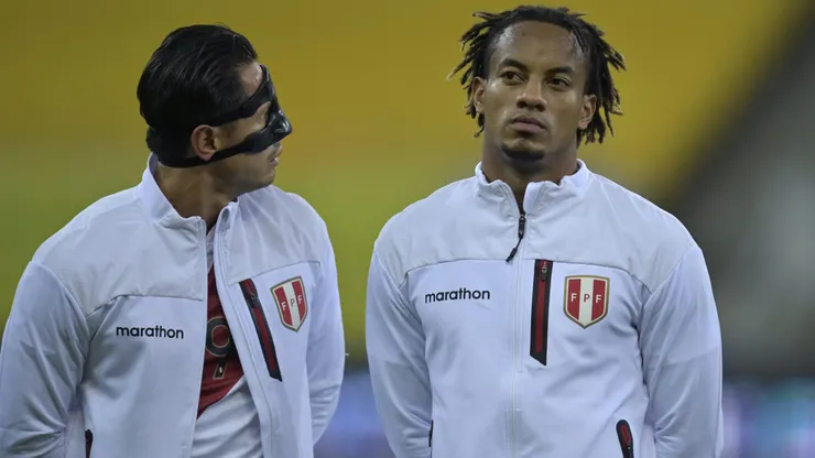 Gianluca Lapadula and André Carrillo of Peru line up prior to a match between Brazil and Peru as part of South American Qualifiers for Qatar 2022 at Arena Pernambuco on September 09, 2021 in Recife, Brazil.