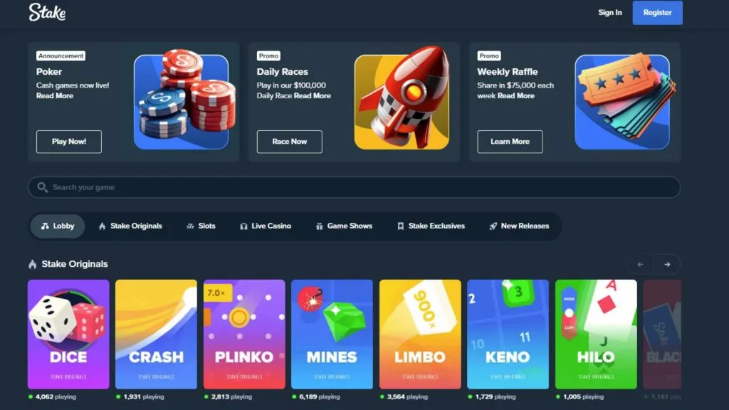 Captura de tela da página da Stake e dos diferentes jogos de cassino que oferece em sua plataforma.