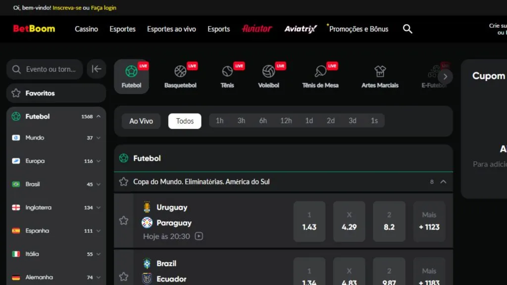 Captura de tela mostrando alguns eventos de futebol disponíveis na página da BetBoom.