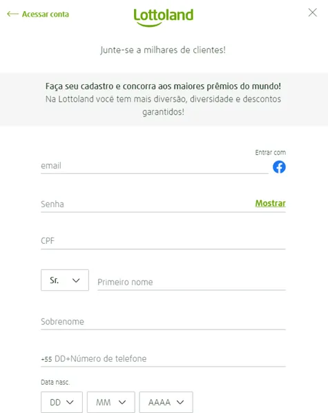 Captura de tela do formulário de cadastro da Lottoland na versão móvel da página web.