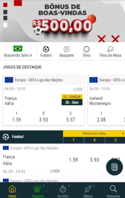 Captura de tela da aba de início do app da Meridianbet.