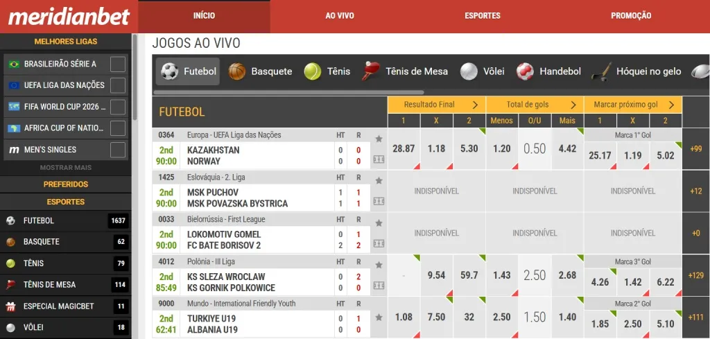 Captura de tela do site da Meridianbet mostrando os serviços que oferece e os esportes disponíveis.