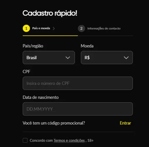 Captura de tela da primeira aba do formulário de cadastro da BetBoom.