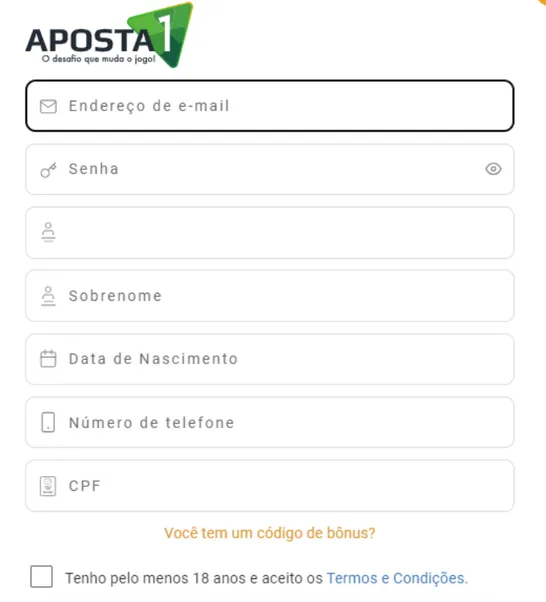 Captura de tela do formulário de cadastro na versão móvel do site da Aposta1, onde é preciso se registrar para usar o código de indicação.
