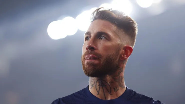 Sergio Ramos of Paris Saint-Germain looks dejected after the UEFA Champions League round of 16 leg one match between Paris Saint-Germain and FC Bayern Muenchen at Parc des Princes on February 14, 2023 in Paris, France.