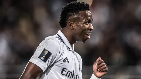 Vinícius Junior jogador do Real Madri comemora durante partida contra o Al Hilal no estádio Príncipe Moulay Abdellah pelo campeonato Mundial De Clubes 2023. Foto: Pedro Martins/AGIF