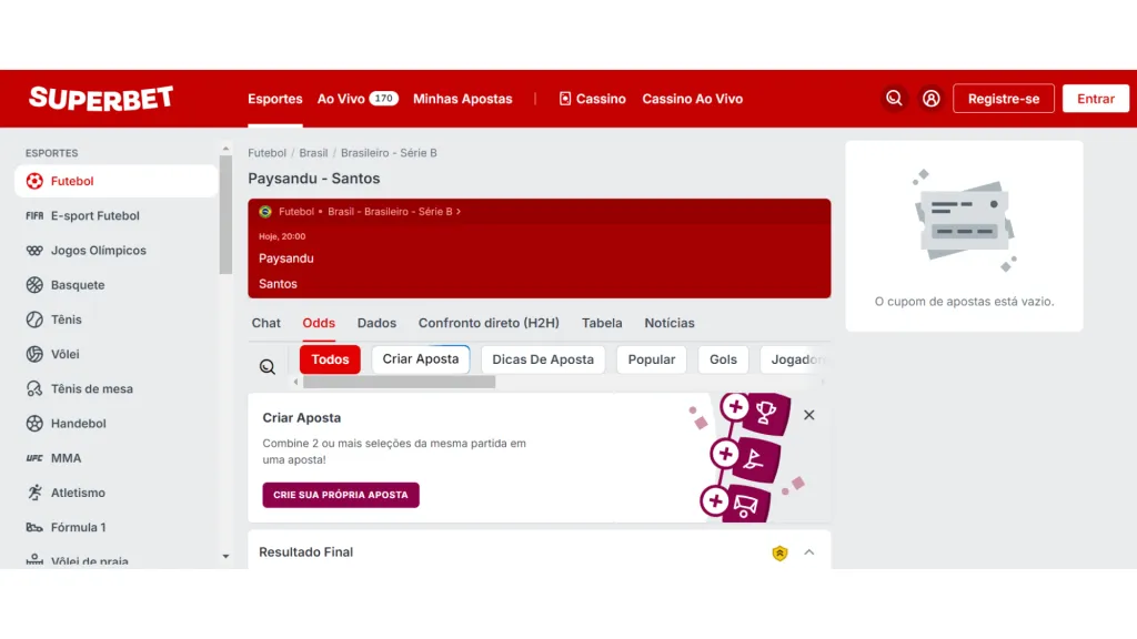 Captura de tela da opção de criar uma aposta na Superbet.