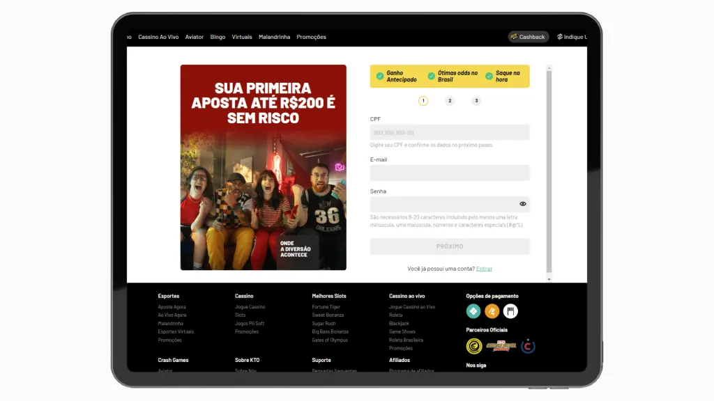 Captura de tela do formulário de cadastro do site da KTO Brasil.
