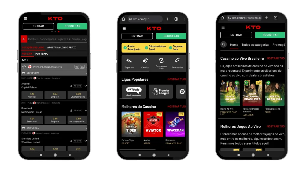 Capturas de tela da versão móvel do site da KTO e dos serviços que oferece.