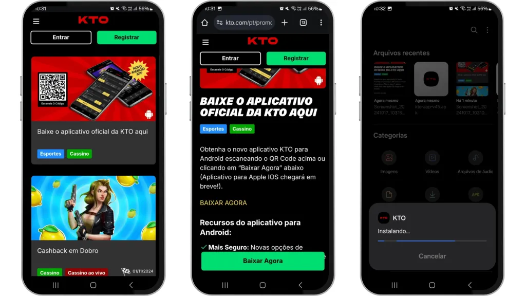 Capturas de tela mostrando o processo para baixar o KTO app no Android através do site.