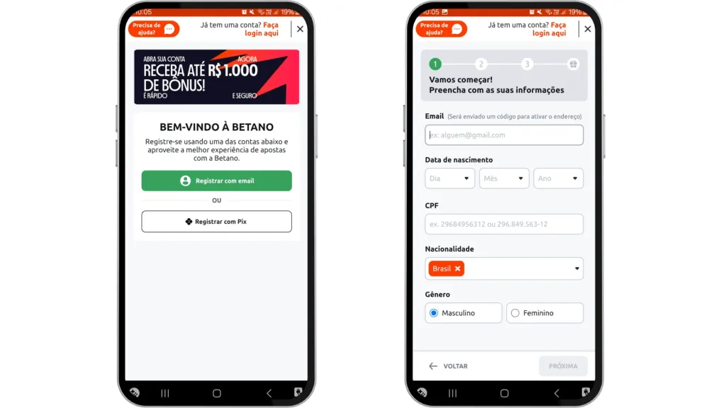 Duas capturas de tela do formulário de cadastro do app da Betano.
