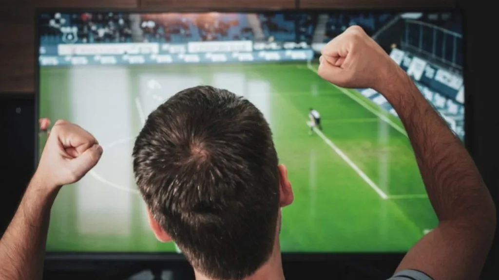 A imagem mostra um homem assistindo a um jogo de futebol pela TV e torcendo, representando que a Superbet para iniciantes tem os principais esportes e campeonatos do mundo.