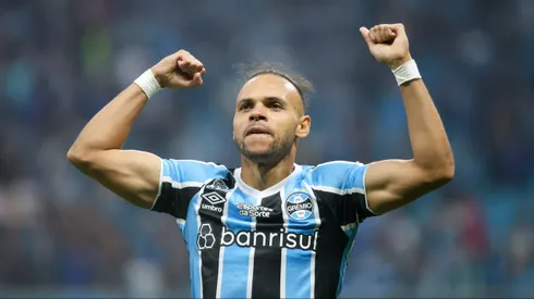Braithwaite jogador do Gremio comemora seu gol durante partida contra o Juventude no estadio Arena do Gremio pelo campeonato Brasileiro A 2024.