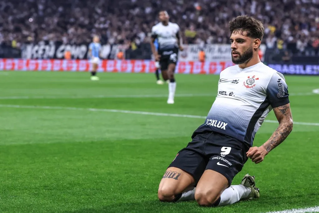 Yuri Alberto jogador do Corinthians comemora seu gol durante partida contra o Gremio no estadio Arena Corinthians pelo campeonato Brasileiro A 2024. Foto: Marcello Zambrana/AGIF