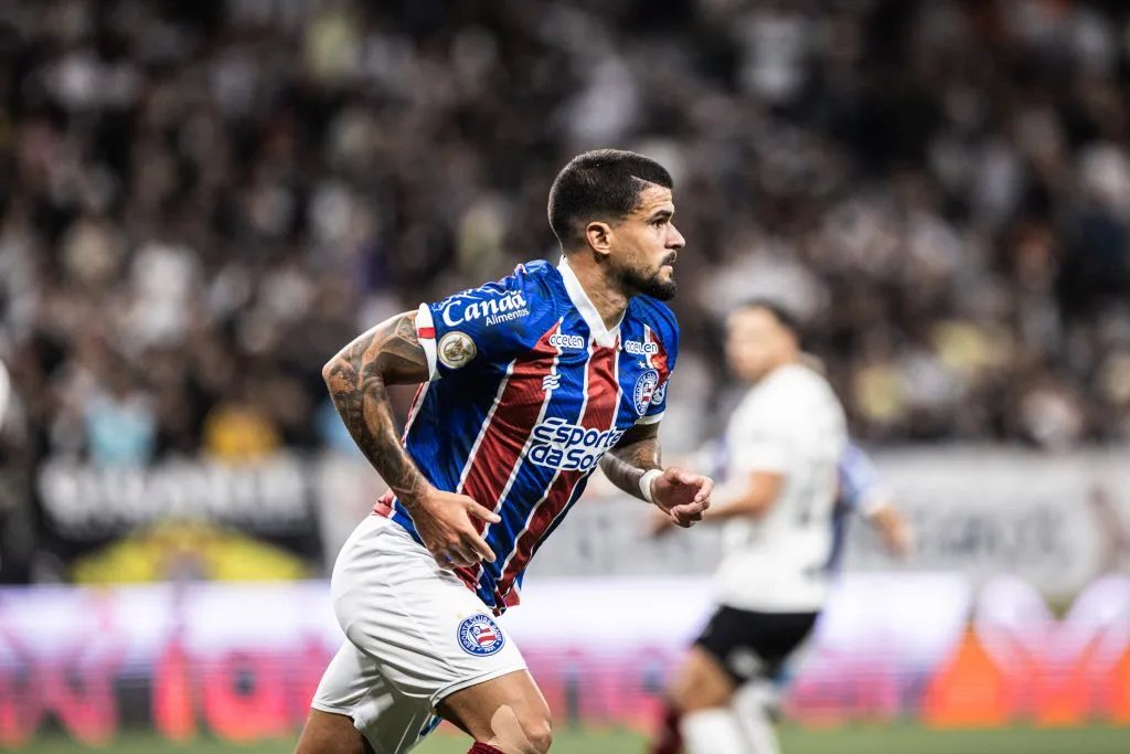 Cauly jogador do Bahia comemora seu gol durante partida contra o Corinthians no estadio Arena Corinthians pelo campeonato Brasileiro A 2023. Foto: Abner Dourado/AGIF