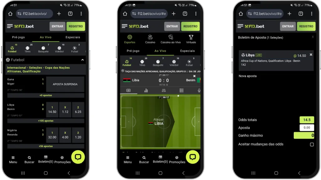 A imagem mostra três celulares com capturas de tela do site móvel da F12 bet e como fazer apostas pré-partida ou apostas ao vivo.