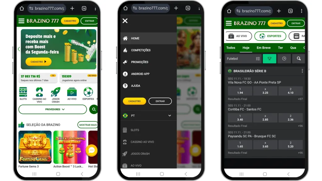 Três capturas de tela mostrando como baixar o app da Brazino777, onde os jogadores podem se cadastrar com o código promocional Brazino777.