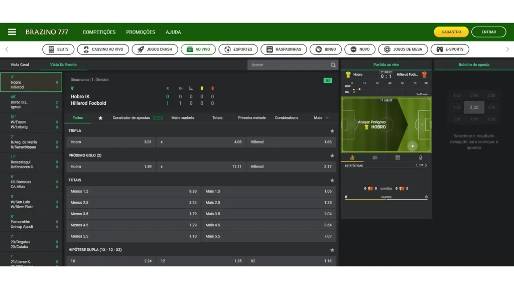 Captura de tela do site da Brazino777 na aba das apostas ao vivo. 