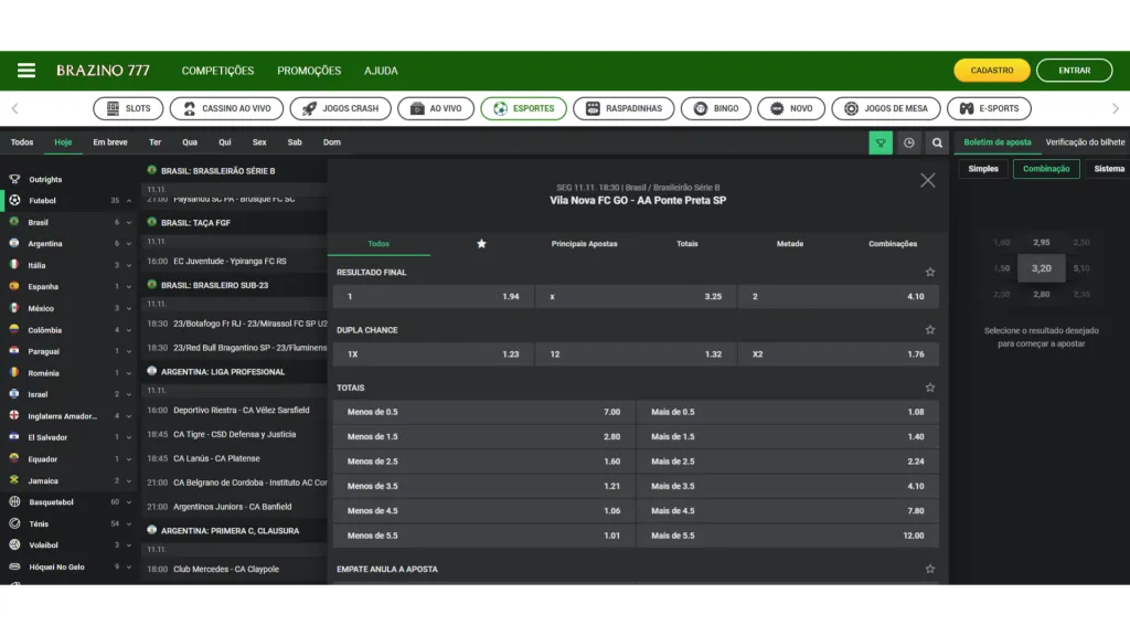 Captura de tela do site da Brazino777 na aba das apostas esportivas mostrando as odds de um partido de futebol. 