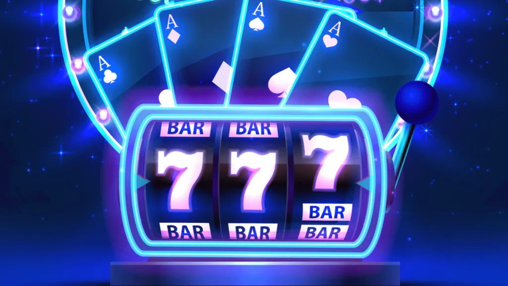 A imagem mostra uma tela de máquina caça-níqueis com um 777 no meio. Acima disso, vê-se quatro cartas de pôquer com a letra A. Tudo tem bordas com luzes de néon e a imagem está em cores azul e rosa.