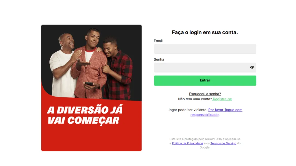 Captura de tela do formulário de login para KTO, ao lado de uma imagem que diz a diversão já vai começar.