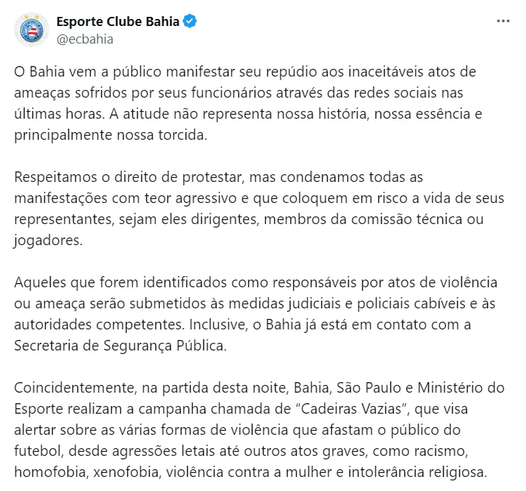 Bahia lança nota contra protesto e ameaças a Rogério Ceni (Imagem: Divulgação/ EC Bahia)