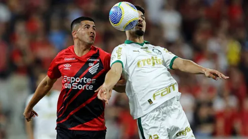 Mateo Gamarra of Athletico Paranaense battles for possession ball with Jose Lopez of Palmeiras during the match between Athletico Paranaense and Palmeiras as part of Brasileirao 2024 at Arena da Baixada on September 1, 2024 in Curitiba, Brazil.
