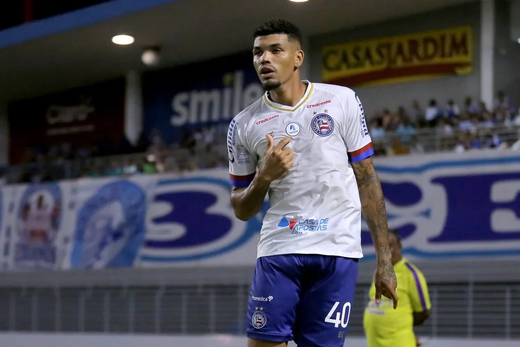 Juninho, ex-Bahia, comemorando gol durante partida contra o CSA na Copa do Nordeste 2020. Foto: Itawi Albuquerque/AGIF