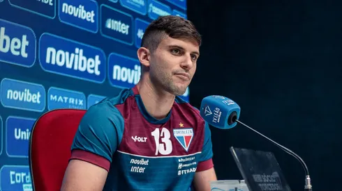Kuscevic, zagueiro do Fortaleza, durante entrevista coletiva.